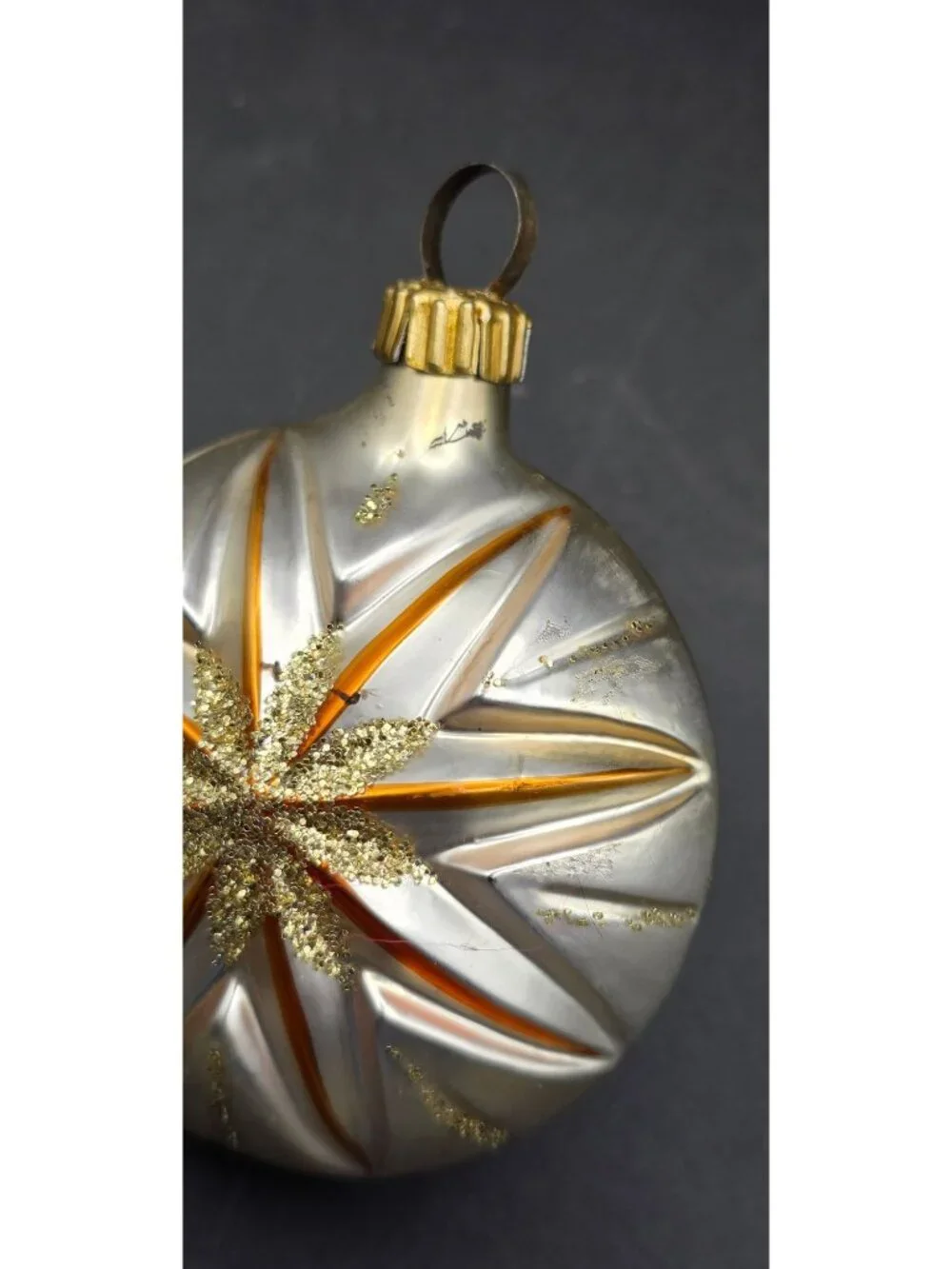 Vintage Molded Glass Christmas Ornament Starburst Flower Design Glitter Accents